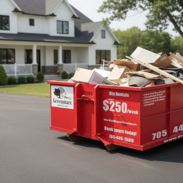 a photo of a 14 yard waste bin full of renovation waste. A beautiful home in the blurred background.
